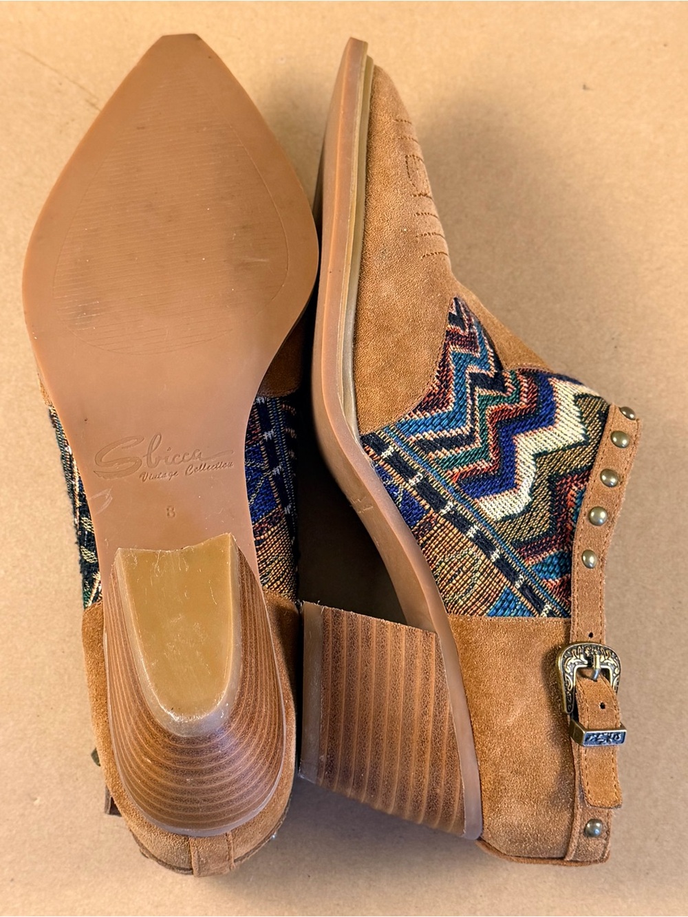Sbicca Tan Suede Heeled Booties with Multicolor Chevron Inset - Picture 7 of 10